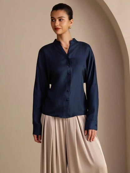 100% Mulberry Silk Women’s Split Neck Long Sleeve Blouse With Drawstring
