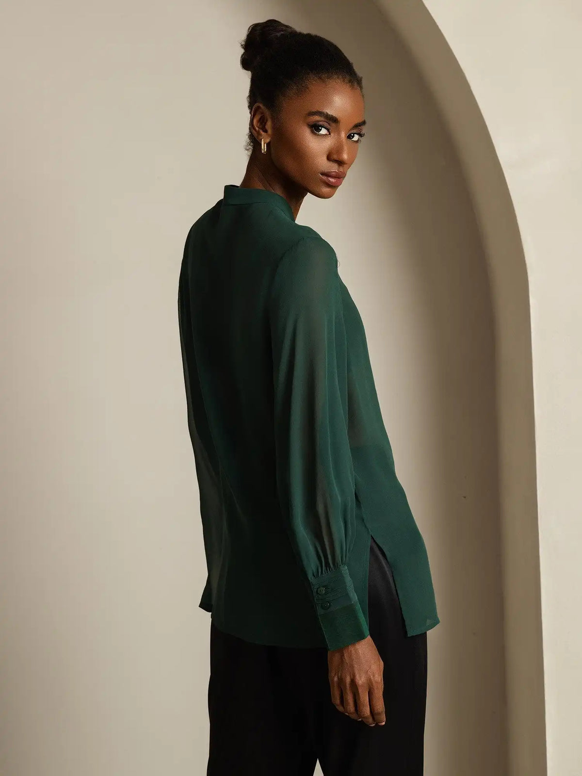 100% Mulberry Silk Long Sleeve Split Sheer Blouse