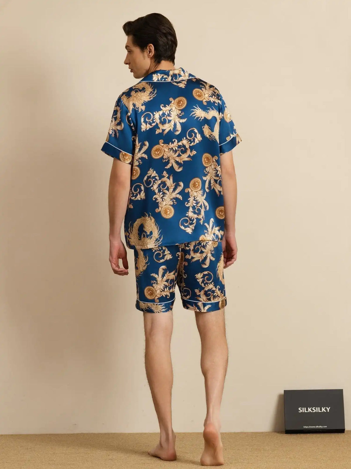100% Mulberry Silk Men's Dragon Print  Short Sleeve Lapel Collar Pajamas Set