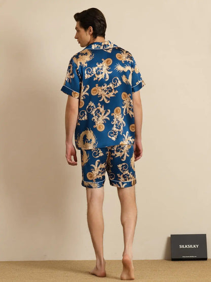 100% Mulberry Silk Men's Dragon Print  Short Sleeve Lapel Collar Pajamas Set