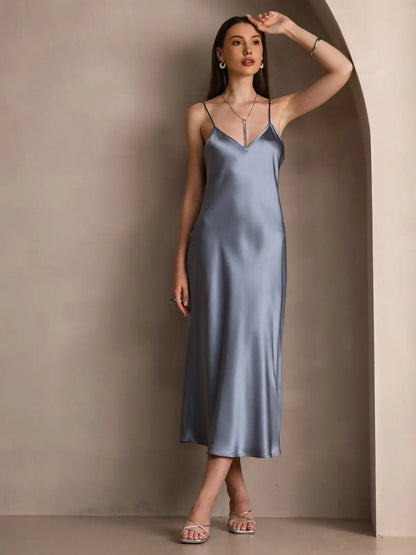 100% Mulberry Silk Spaghetti Strap V Neck Midi Dress