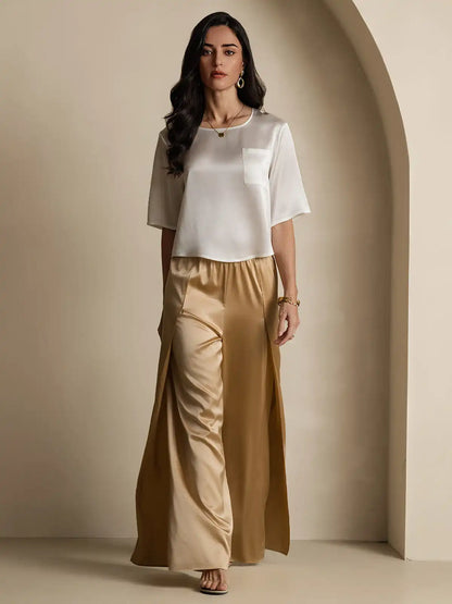 100% Mulberry Silk Women's Blouse Short Sleeve Boxy Crop Top