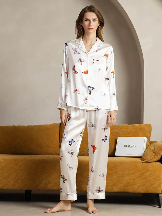 Clearance - Women's Pure Silk White Butterfly Print Long Sleeve Notch Collar Pajamas Set