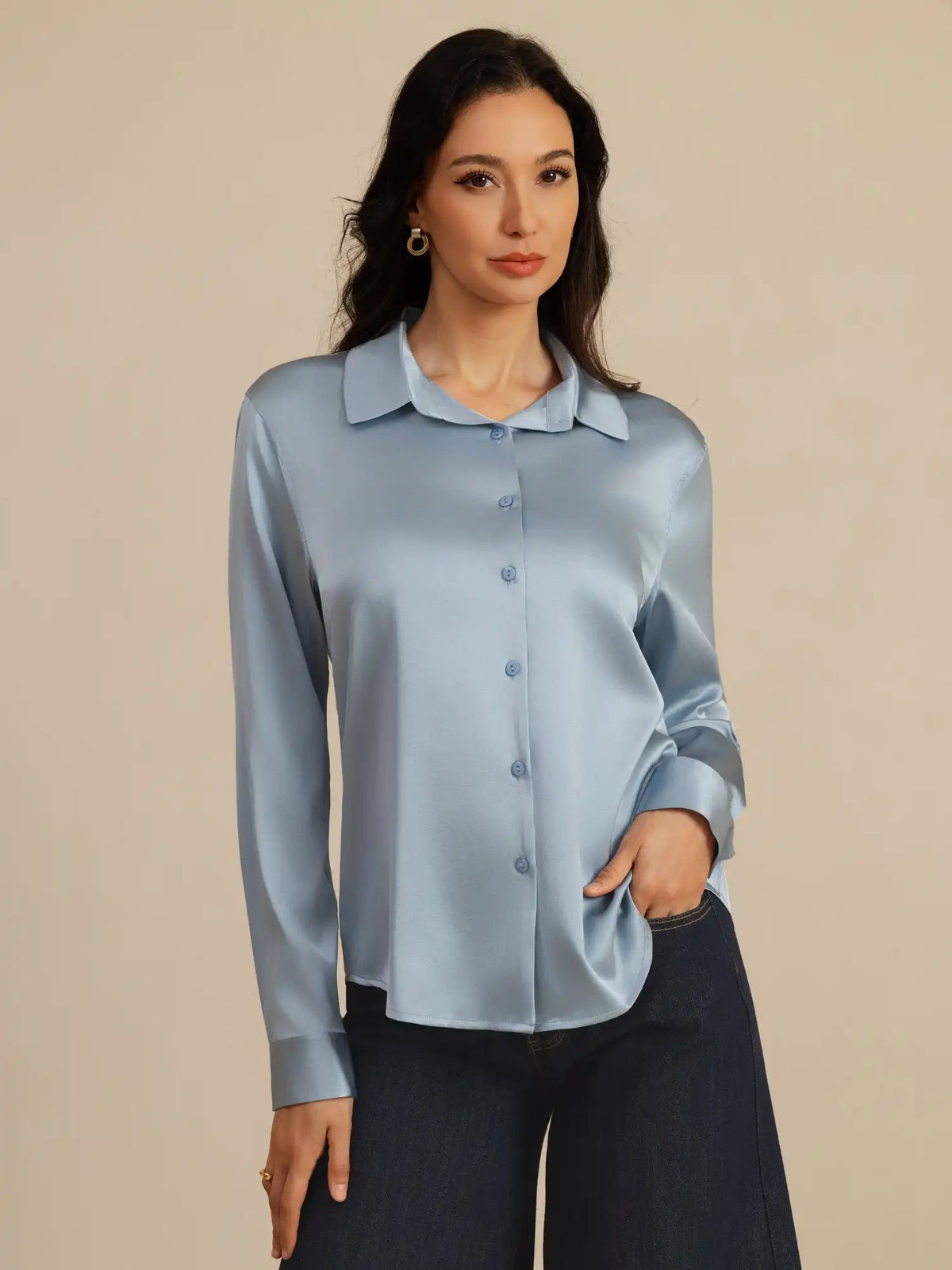 19Momme Silk Long Sleeve Lapel Collar Women's Shirt