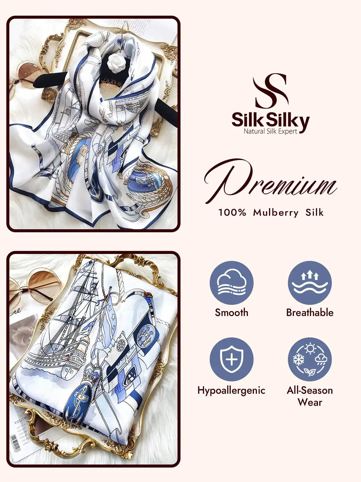 100% Mulberry Silk Printed Rectangular Long Shawl Scarf 170x53cm