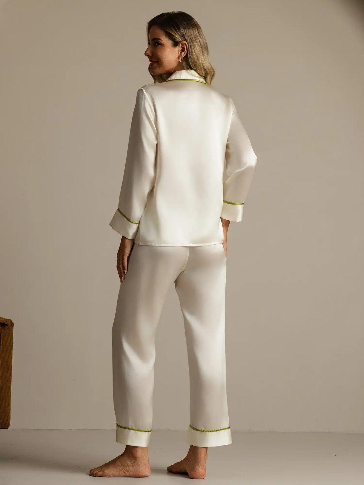 100% Mulberry Silk Classic Long Sleeve Pajama Set with Contrast Piping