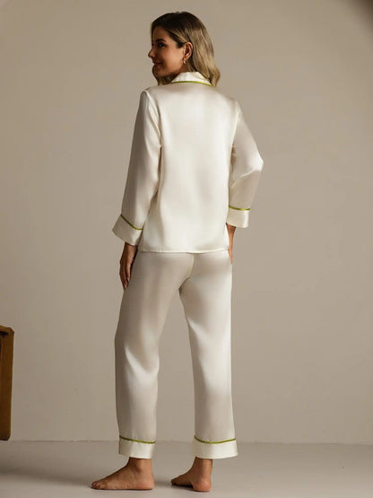 100% Mulberry Silk Classic Long Sleeve Pajama Set with Contrast Piping