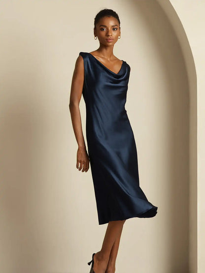 19Momme Silk Sleeveless Cowl Neck Knee Elegant Dress