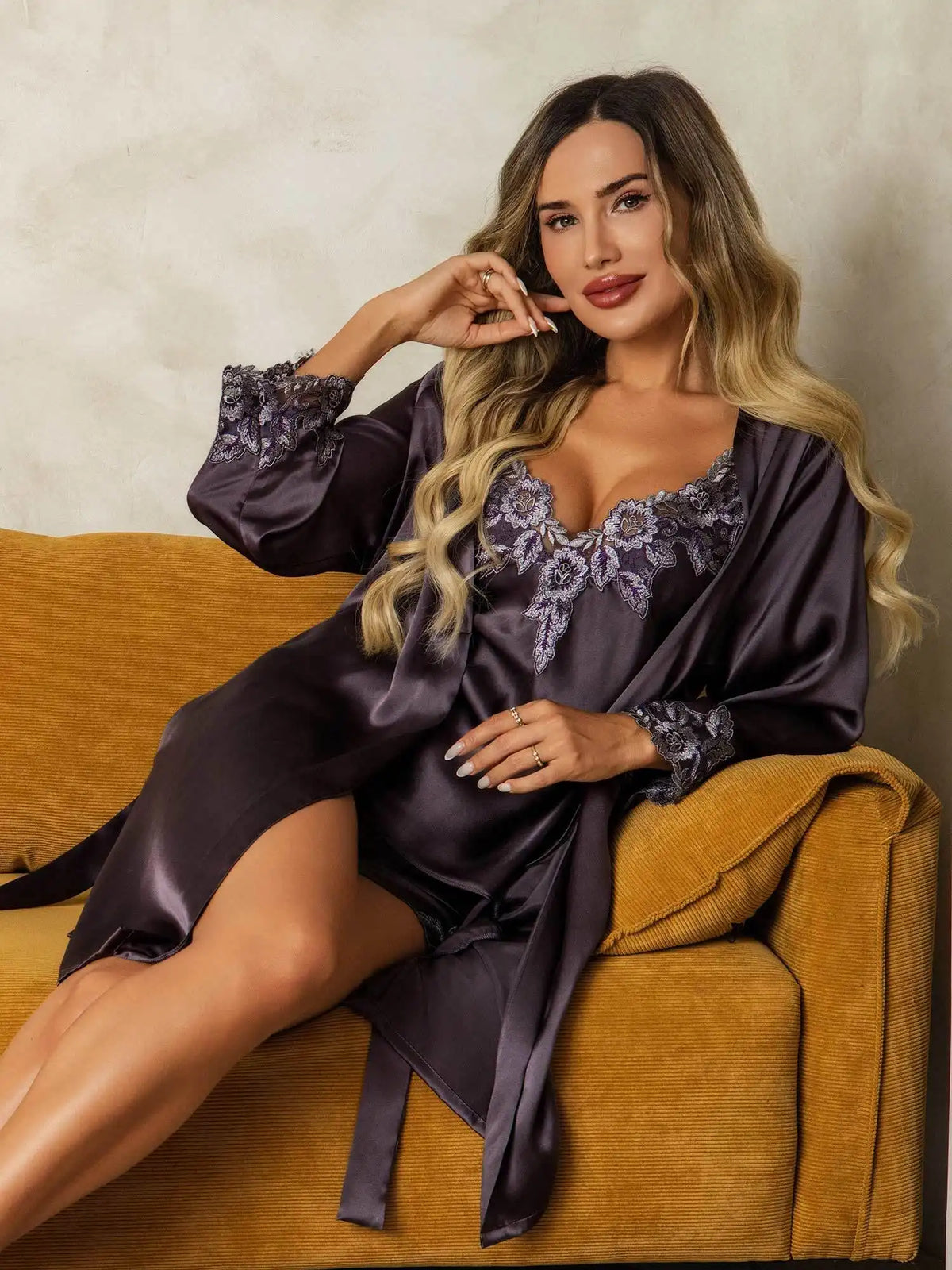 Elegant 100% Mulberry Silk Lace Trimmed Robe and Camisole Set 3Pcs