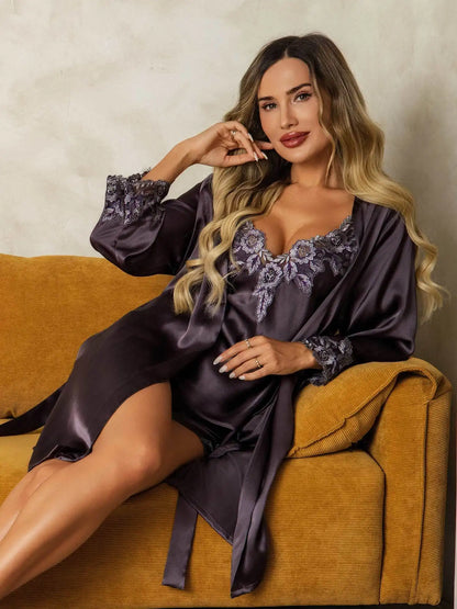 Elegant 100% Mulberry Silk Lace Trimmed Robe and Camisole Set 3Pcs
