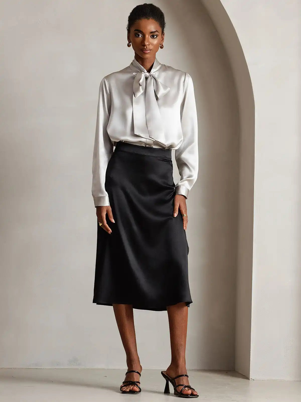 Elegant 19Momme Silk Long Sleeve Tie Neck Blouse