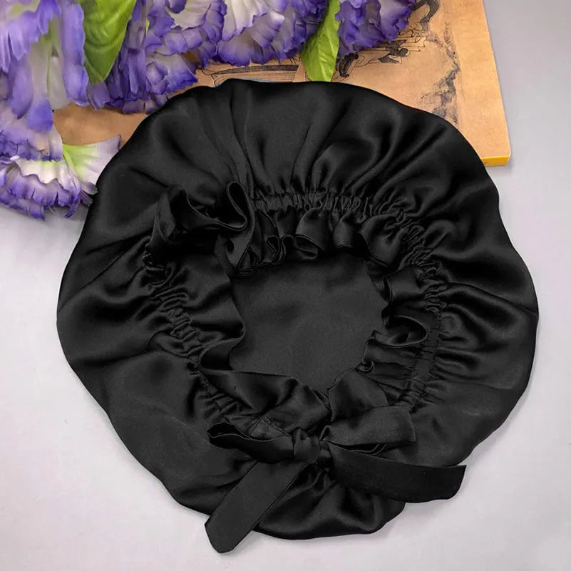 100% Mulberry Silk Sleep Cap Double Layer Bonnet with Ribbon