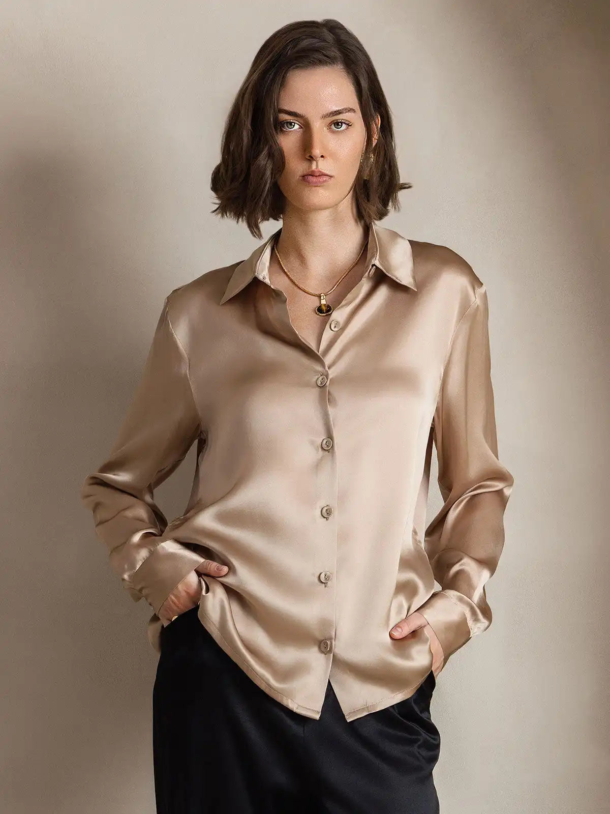19Momme Silk Long Sleeve Lapel Collar Women's Shirt