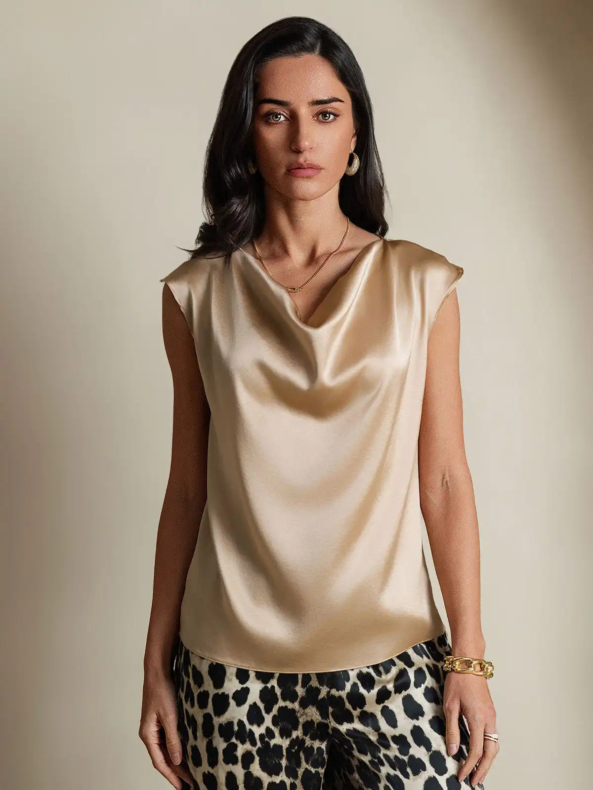 19Momme Women's Silk Cap Sleeve Cowl Neck Top