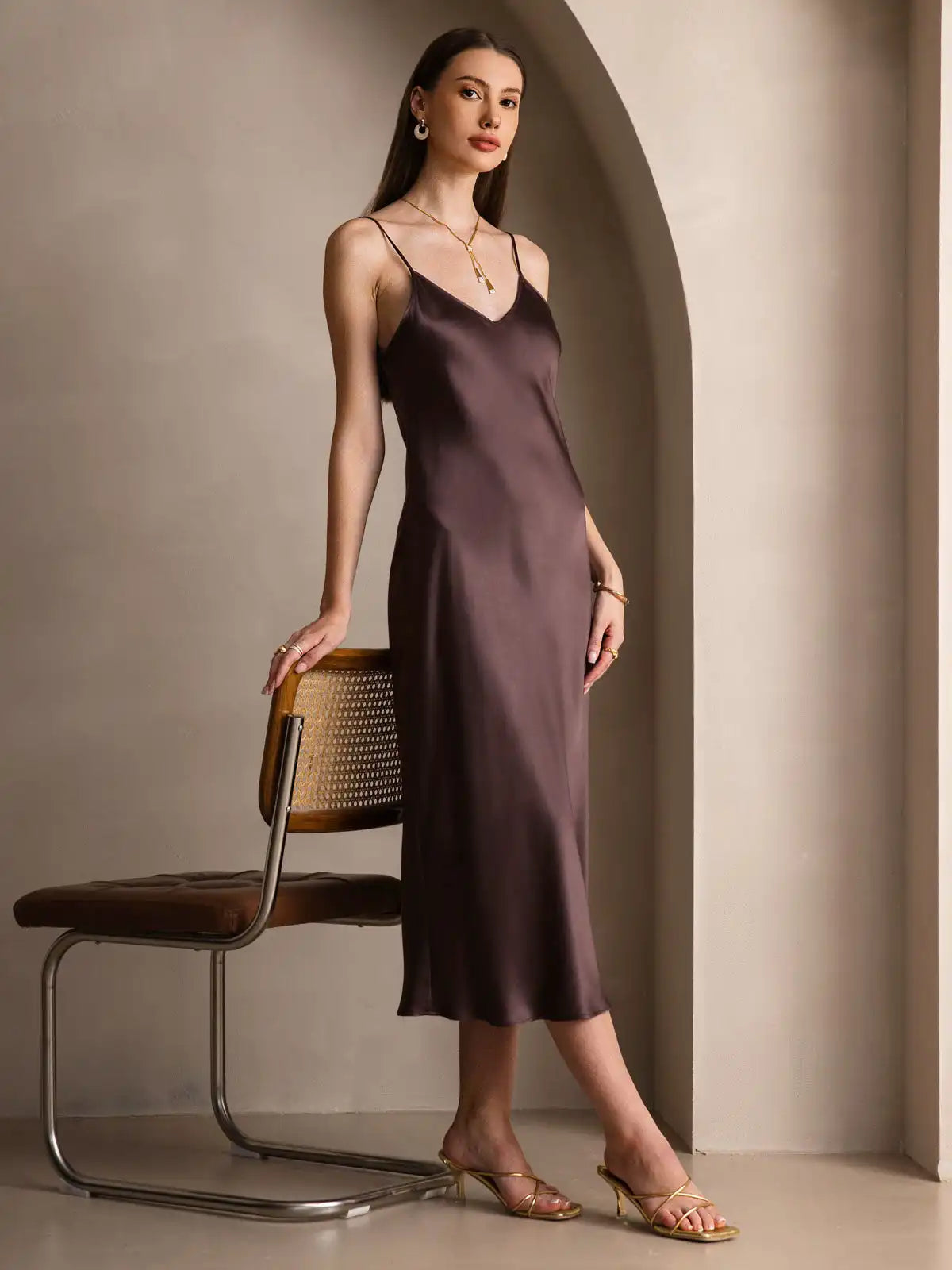 100% Mulberry Silk Spaghetti Strap V Neck Midi Dress