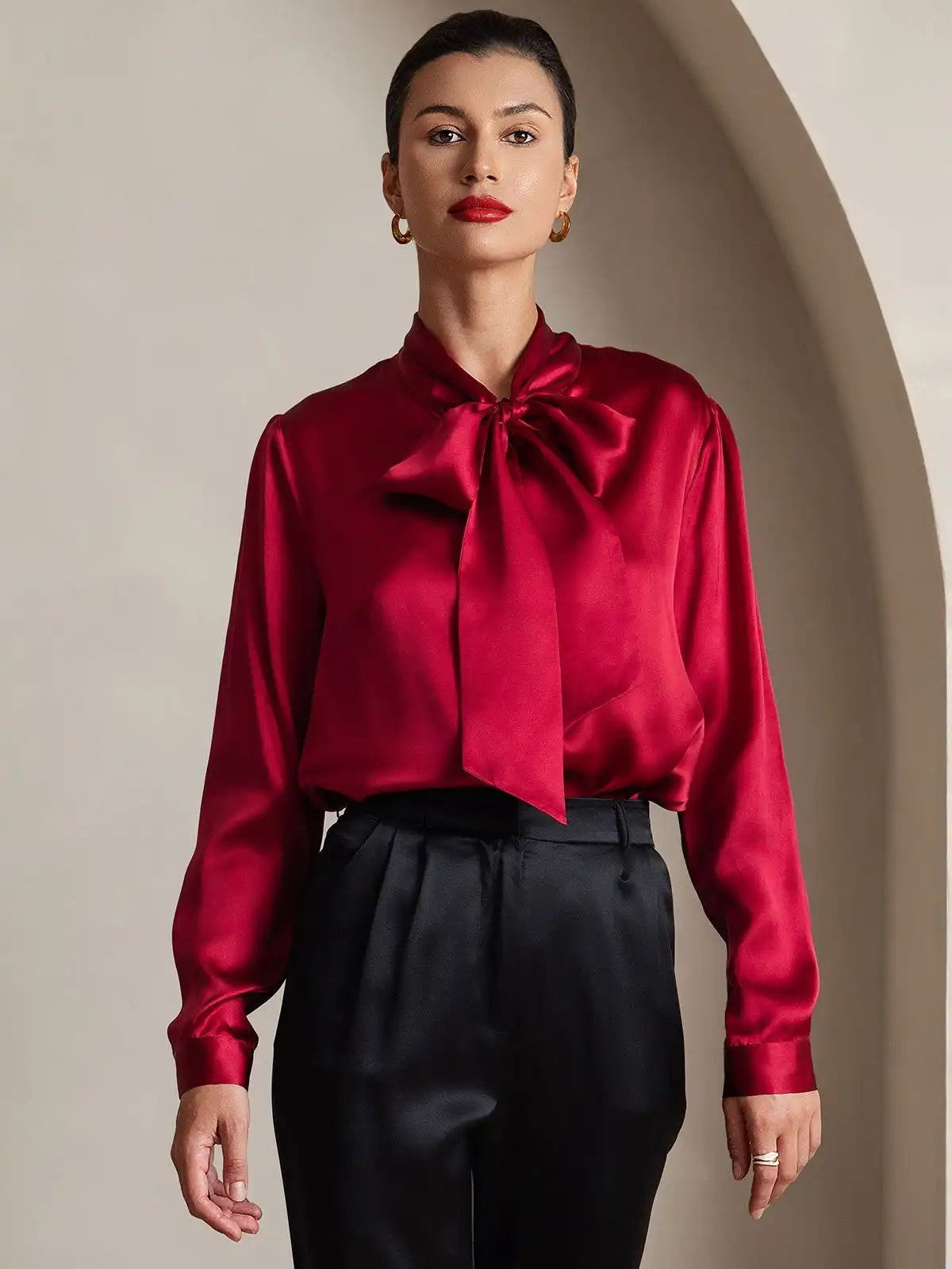 Elegant 19Momme Silk Long Sleeve Tie Neck Blouse