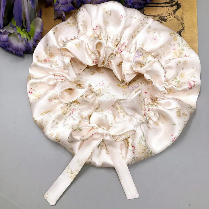 100% Mulberry Silk Sleep Cap Double Layer Bonnet with Ribbon
