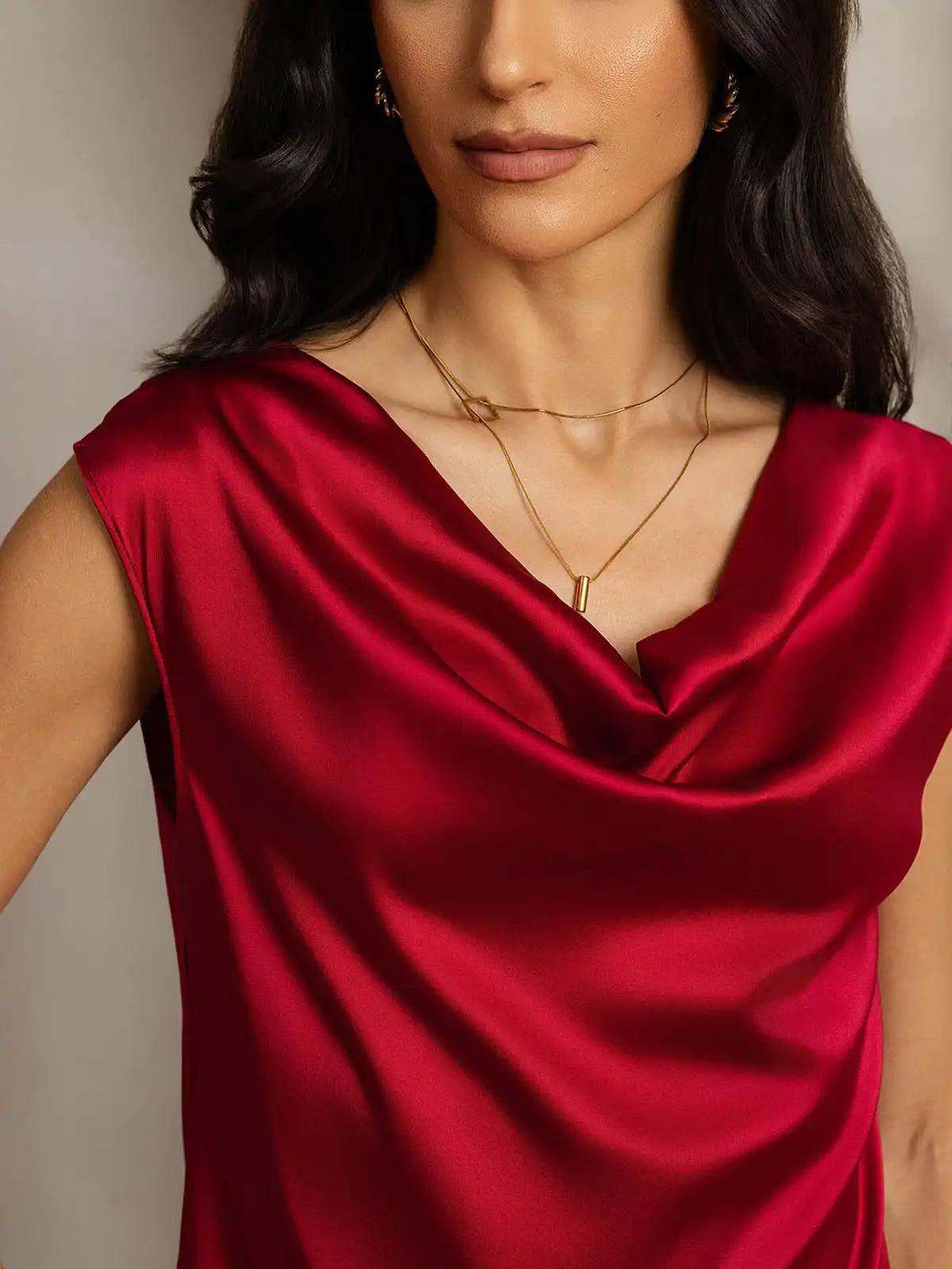19Momme Silk Cap Sleeve Cowl Neck Women's Top