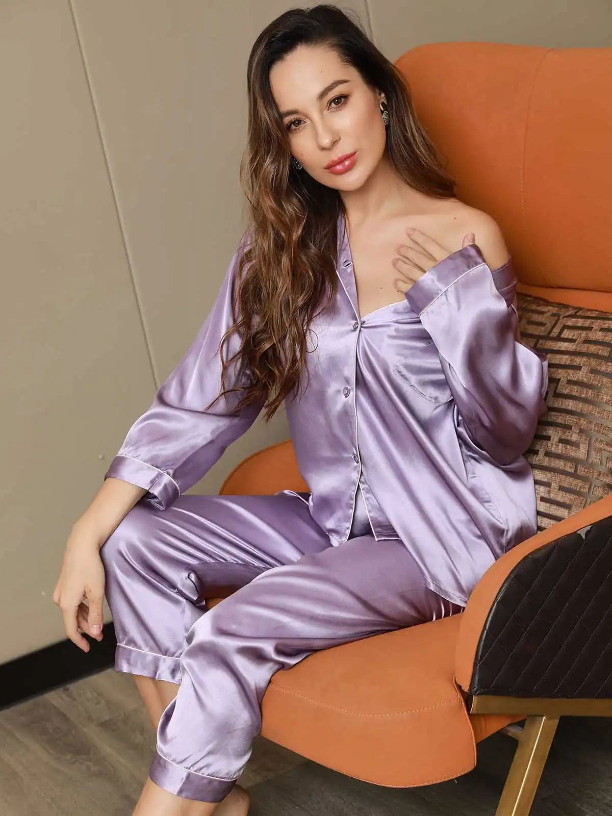 Clearance - Women's 100% Mulberry Silk Long Sleeve Lapel Collar Pajamas Set