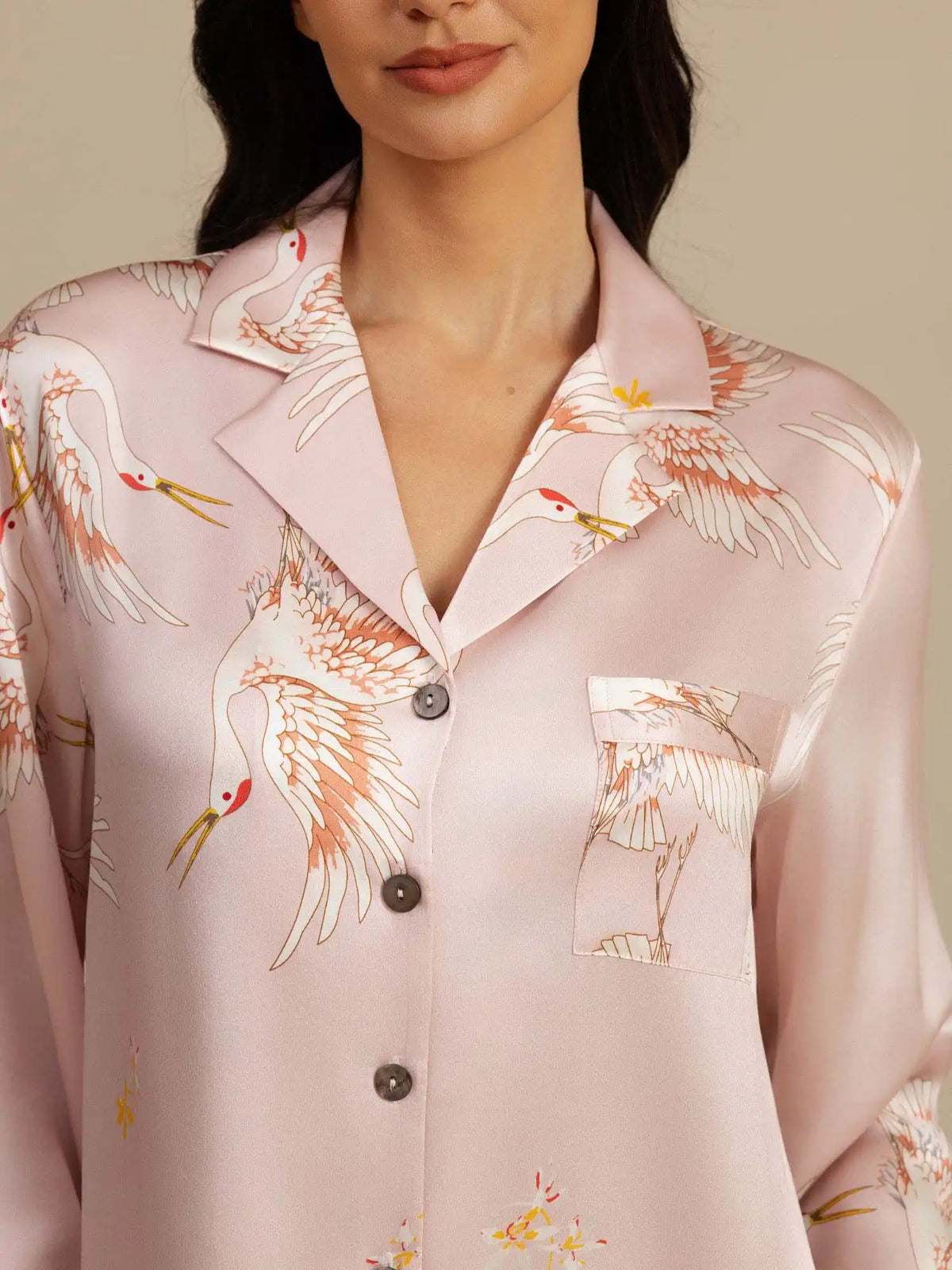 19Momme 100% Mulberry Silk Crane Print Nightshirt with High-Low Hem