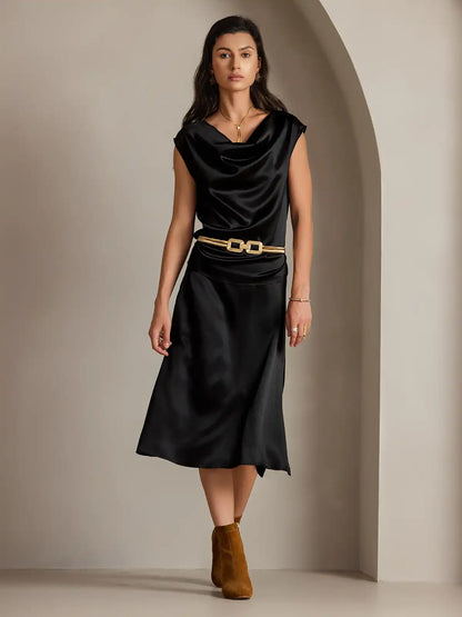 Clearance - 19Momme Silk A Line Long Slit Skirt with Zipper Design