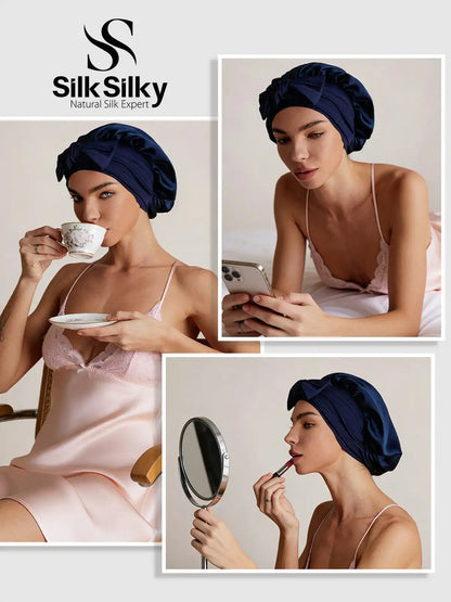 100% Mulberry Silk Double-Layer Bonnet with Adjustable Long Tie