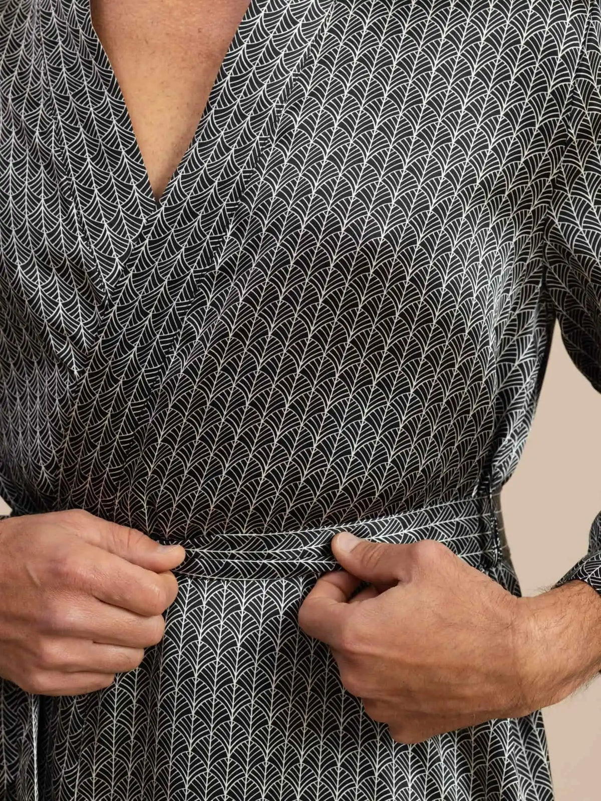 100% Mulberry Silk Men’s Knee Length Ginkgo Printed Robe With Belted Design