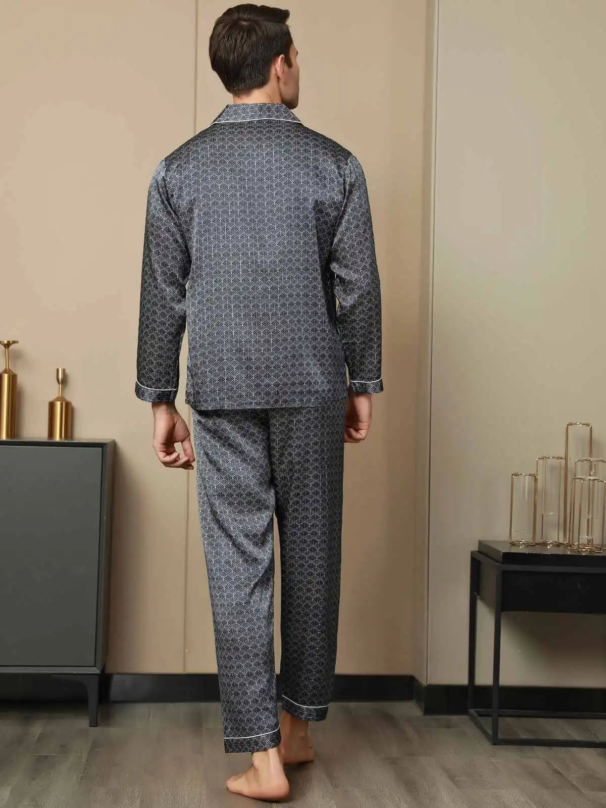 100% Mulberry Silk Ginkgo Print Long Sleeve Men's Pajamas Set With Pants