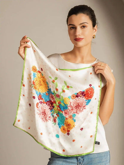 100% Mulberry Silk Floral Square Scarf with Green Trim 53*53 cm