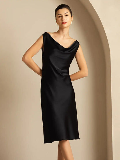 19Momme Silk Sleeveless Cowl Neck Knee Elegant Dress