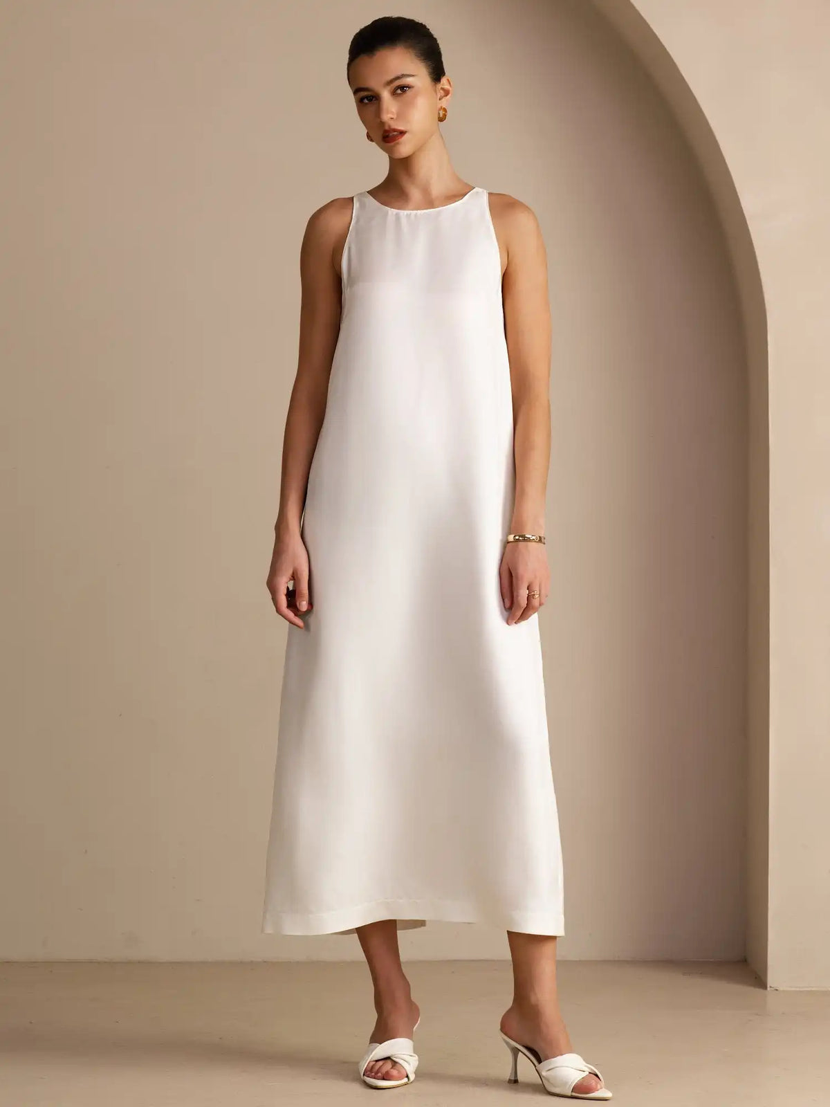100% Mulberry Silk Crew Neck  Sleeveless Self-Tie Midi Dress