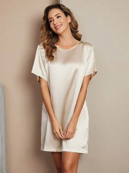 100% Mulberry Silk Short Sleeve Round Neck Short Nightgown