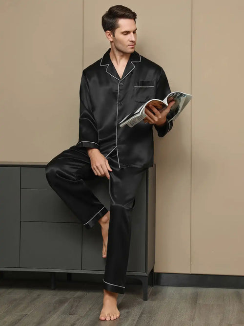 100% Mulberry Silk Long Sleeve Notch Collar Men's Pajamas Set with Button Up Design