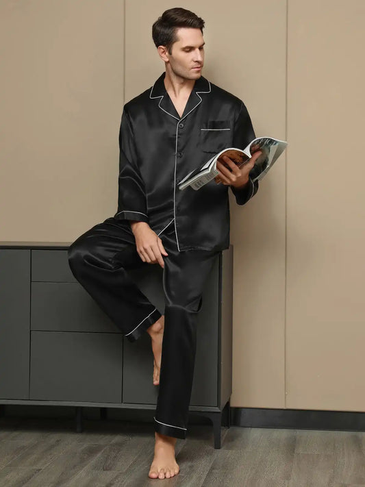 100% Mulberry Silk Long Sleeve Notch Collar Men's Pajamas Set with Button Up Design