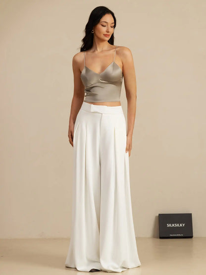 19Momme Silk Crop Top Spaghetti Strap V Neck Camisoles with Built-in Bra