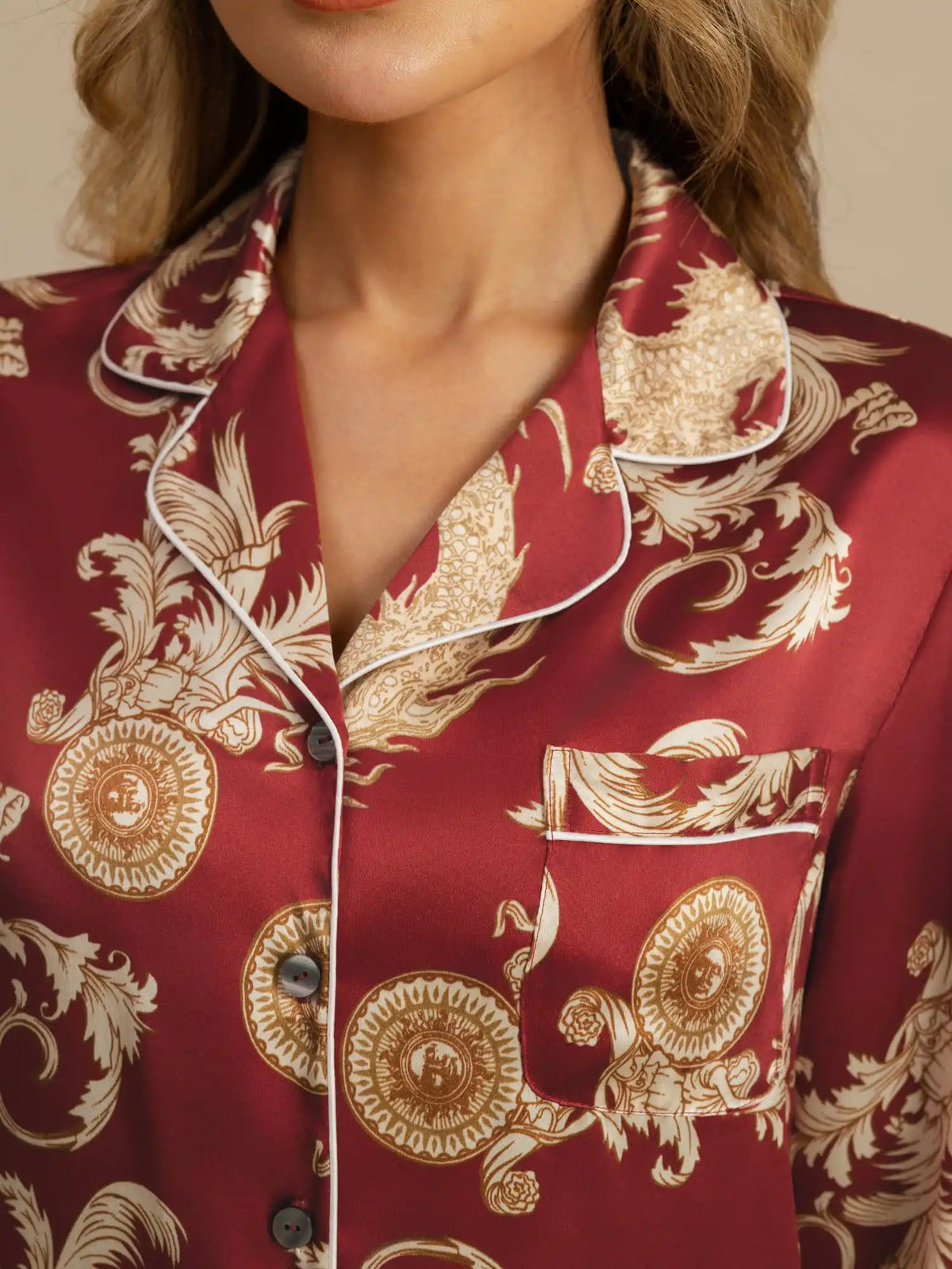 Clearance - 100% Mulberry Silk Dragon Print Long Sleeve Notch Collar Women's Pajamas Set With Pants