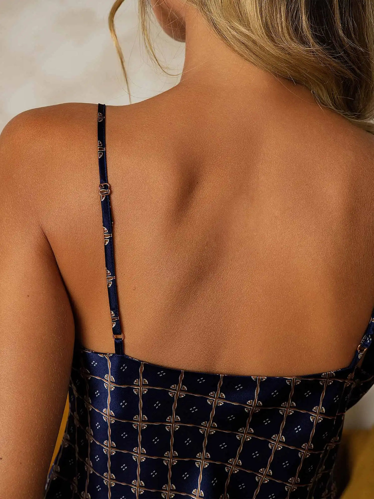 100% Mulberry Silk Navy Chain Print Spaghetti Strap V Neck Camisole Set