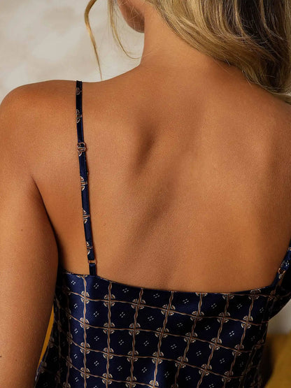 100% Mulberry Silk Navy Chain Print Spaghetti Strap V Neck Camisole Set