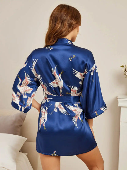 19Momme 100% Mulberry Silk Crane Print 3/4 Sleeve Short Women's Kimono Robe with Wrap Design