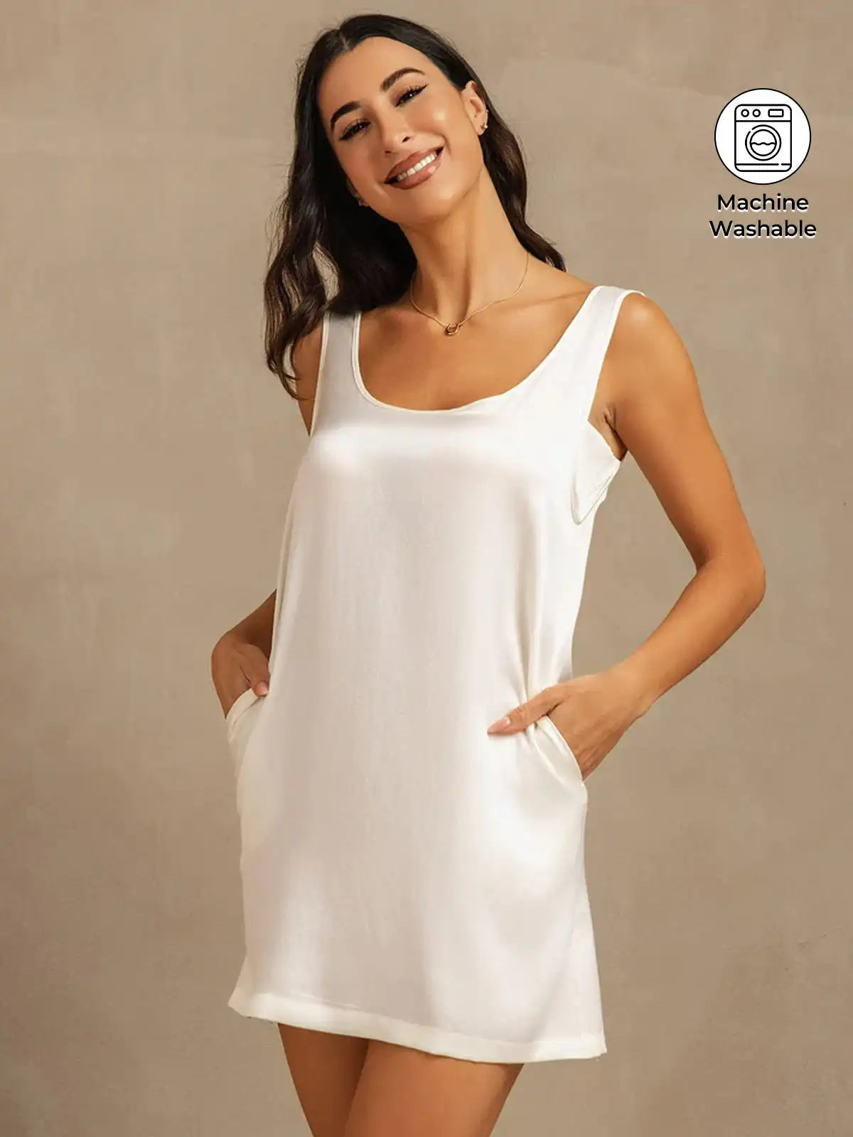 Clearance - 19Momme Washable Silk Sleeveless Scoop Neck Short Nightgown with Side Pocket Design
