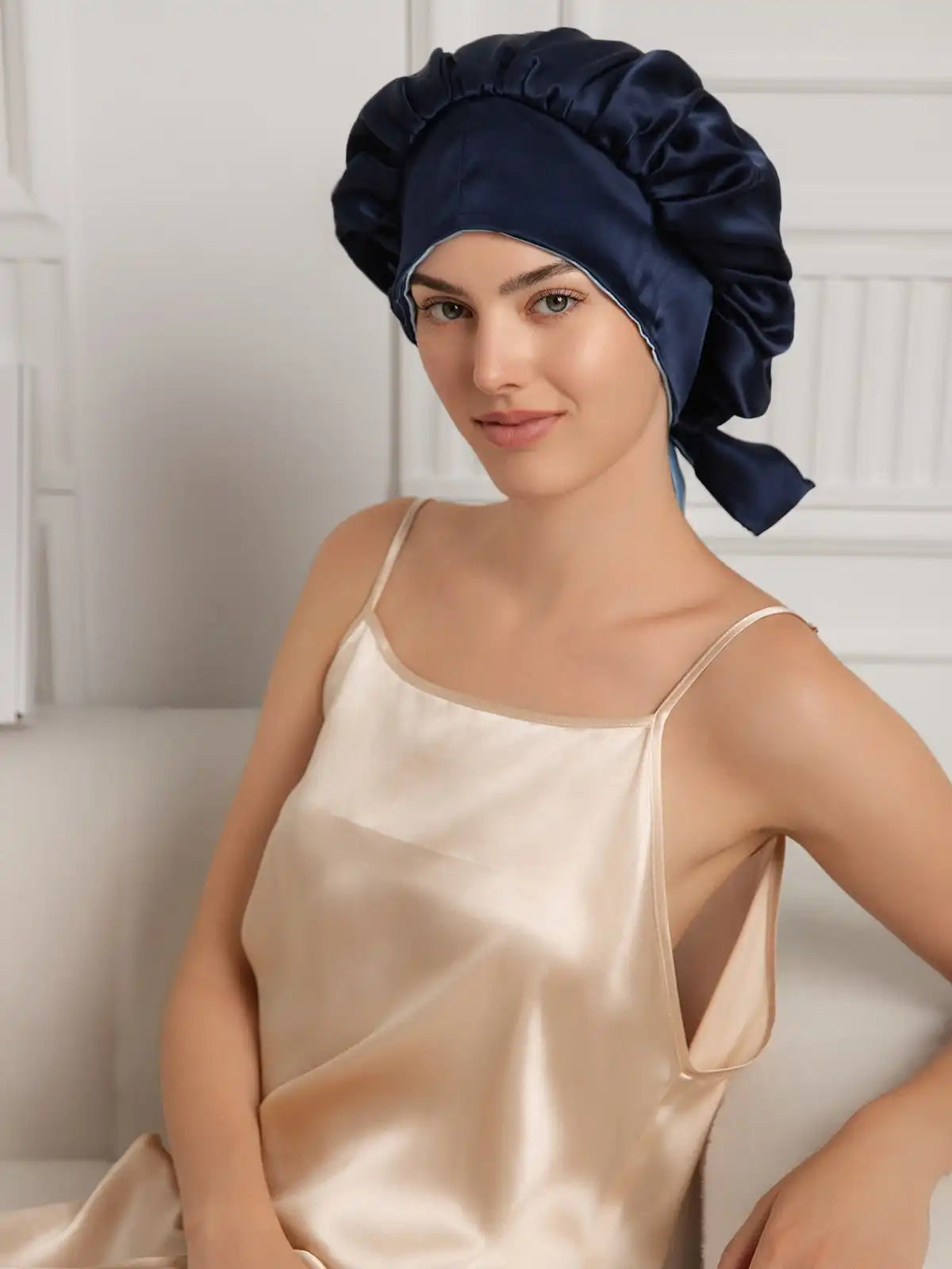 100% Mulberry Silk  Casual Bonnet with Long Ribbons (Two-tone and Double-sided)