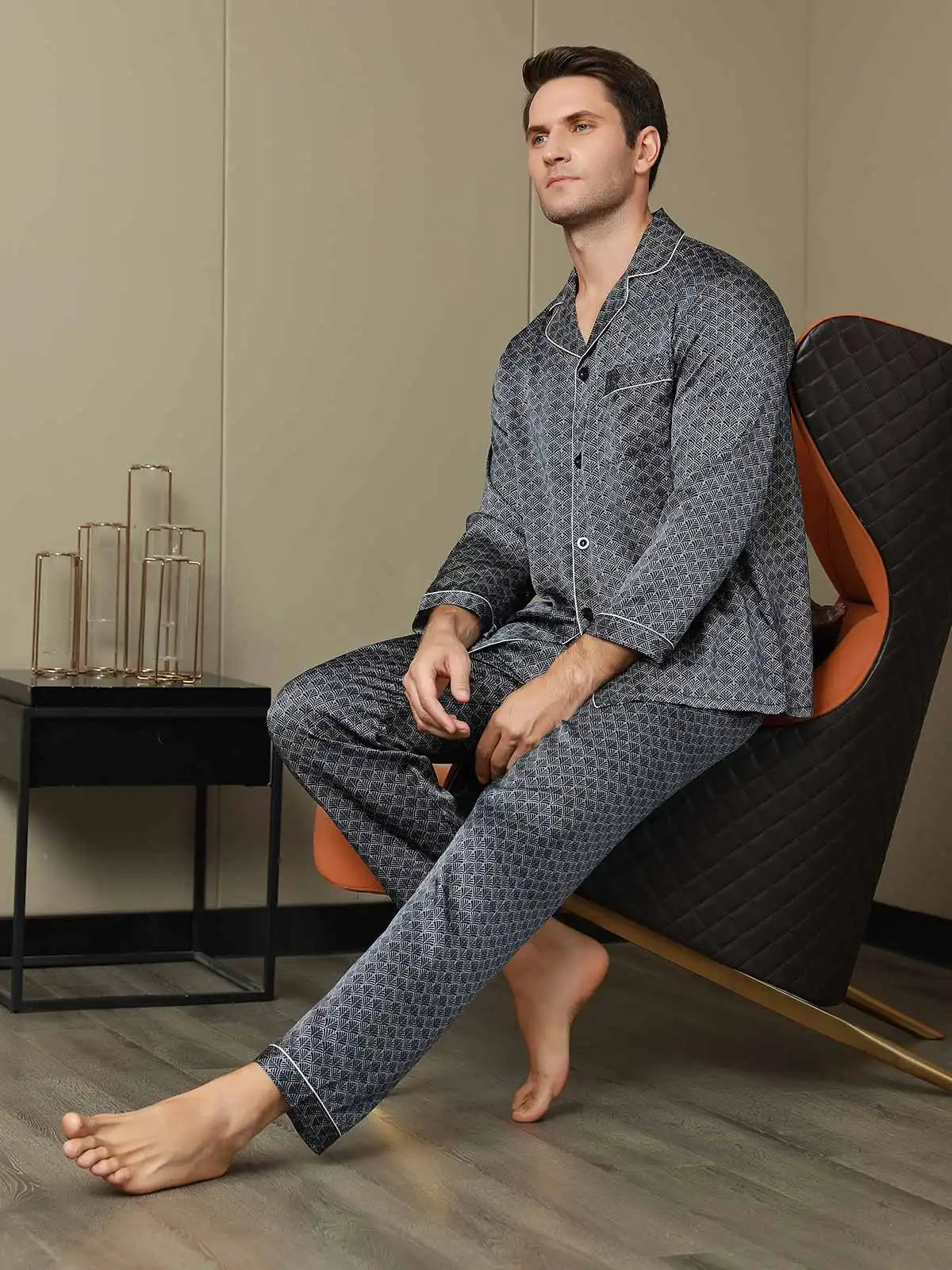 100% Mulberry Silk Ginkgo Print Long Sleeve Men's Pajamas Set With Pants