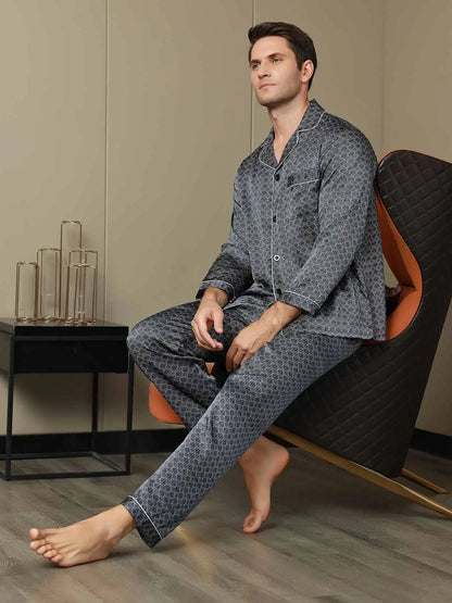 100% Mulberry Silk Ginkgo Print Long Sleeve Men's Pajamas Set With Pants