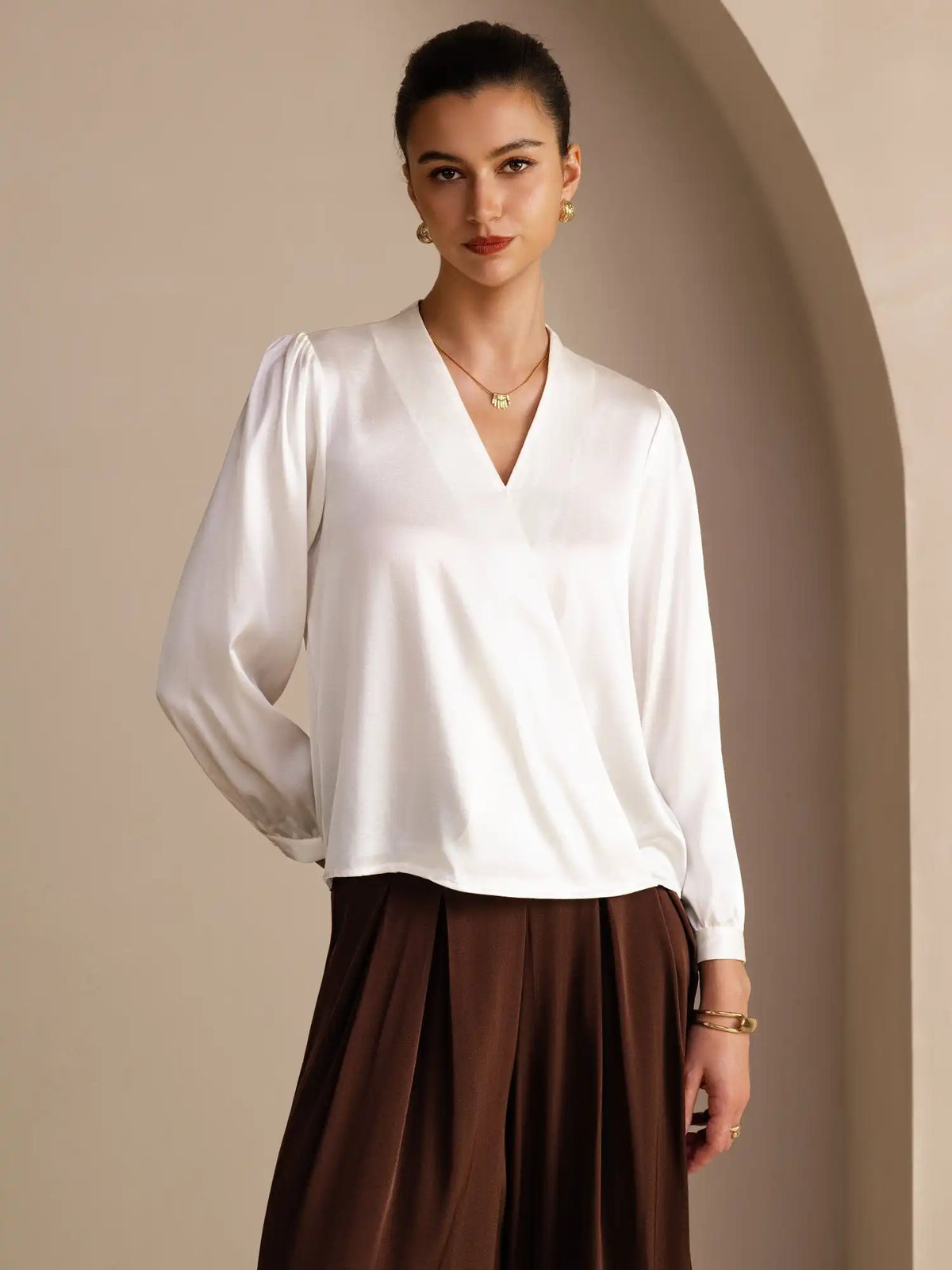 19Momme Silk Women’s Wrap Neck Long Sleeve Blouse