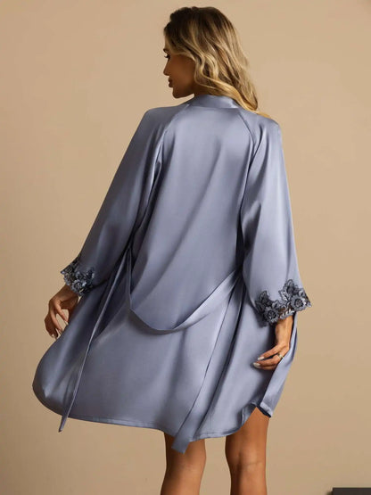 Elegant 100% Mulberry Silk Lace Trimmed Robe and Camisole Set 3Pcs