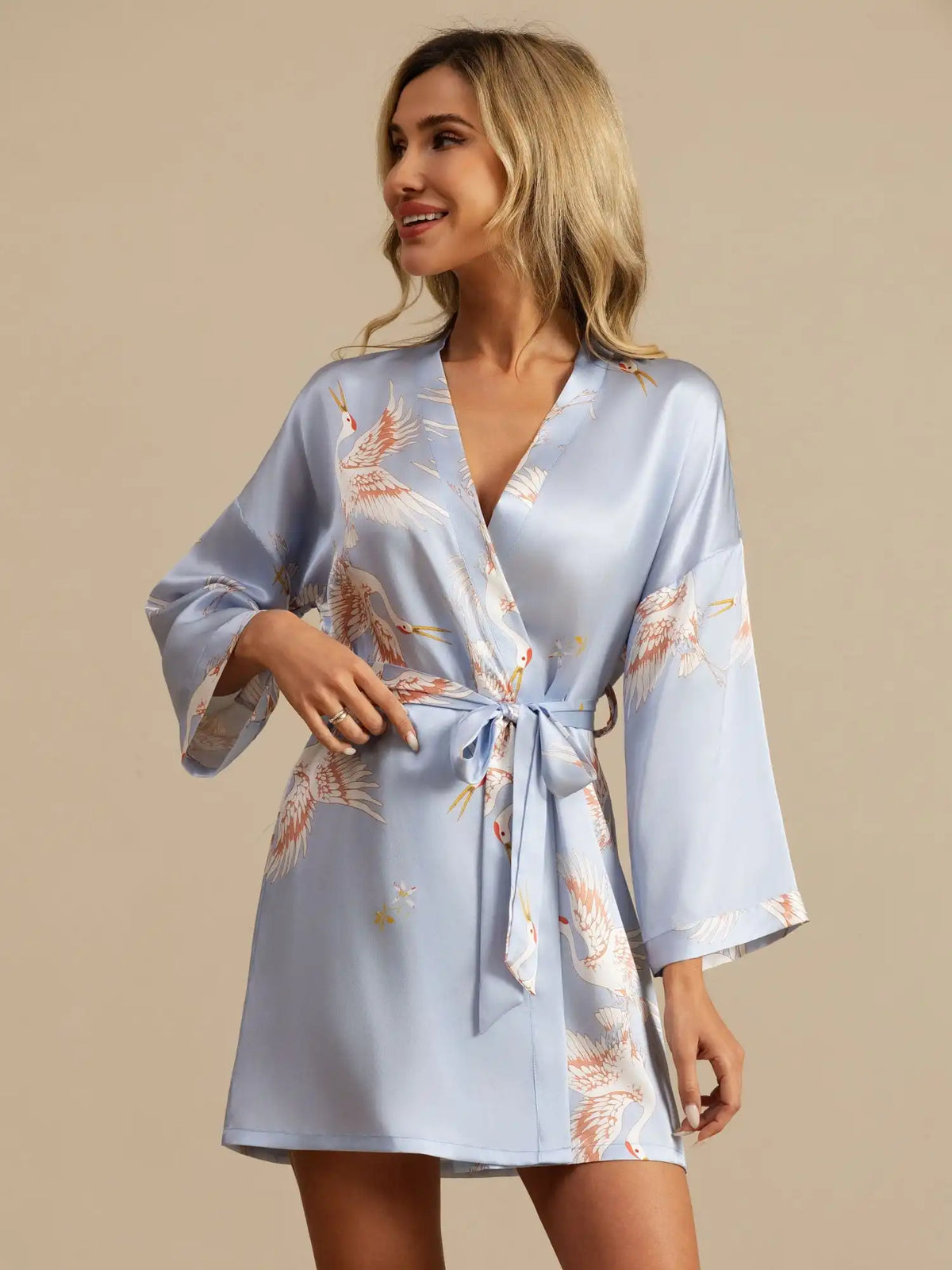 19Momme Women's 100% Mulberry Silk Crane Print 3/4 Sleeve Short Kimono Robe