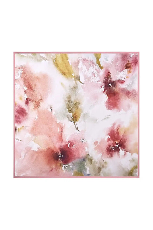 100% Mulberry Silk Floral Square Scarf with Pink Trim 53*53 cm