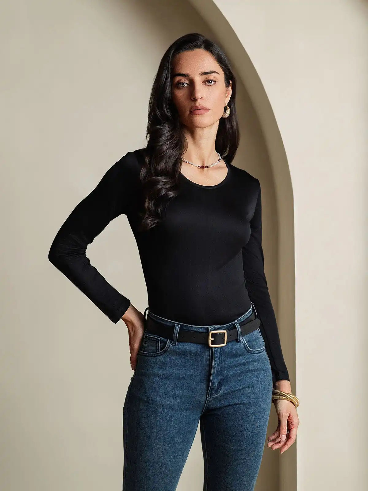 Women's Silk Long Sleeve Round Neck Top