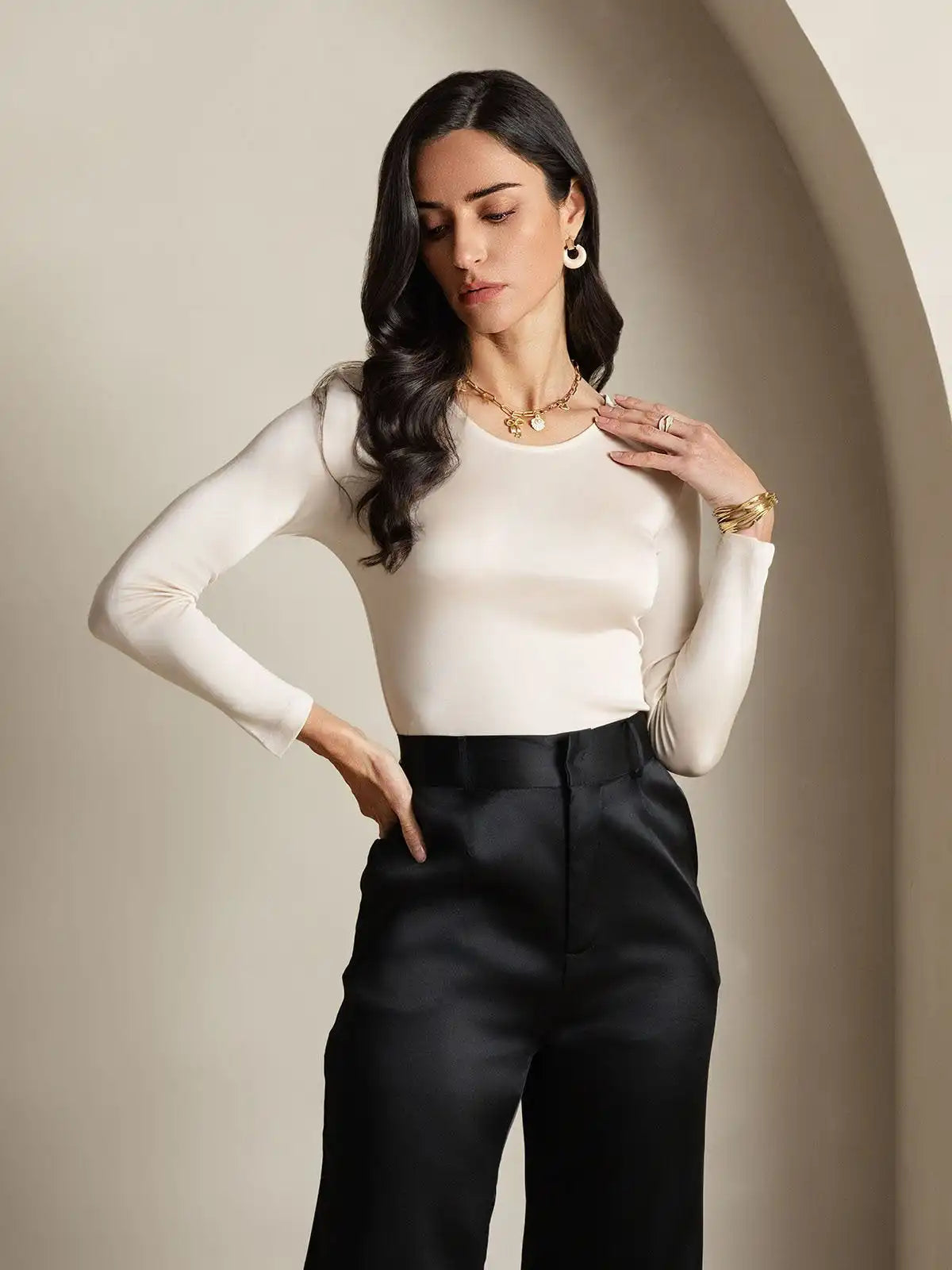 Women's Silk Long Sleeve Round Neck Top