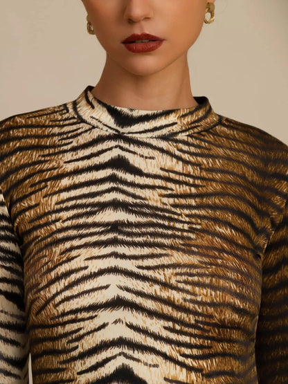 100% Mulberry Silk Wild Animal Print Women's Long Sleeve Mock Neck Top